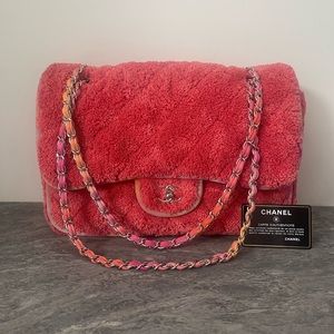 Chanel Classic Single Flap Quilted Terry Cloth & Ribbon Pink Jumbo Handbag
